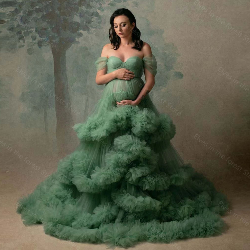 

Sage Green Prom Dresses Pregnancy Maternity Gown Photo Shooting Gowns Fluffy Layered Tulle Maternity Dress for Photography Custom Made, Dark green