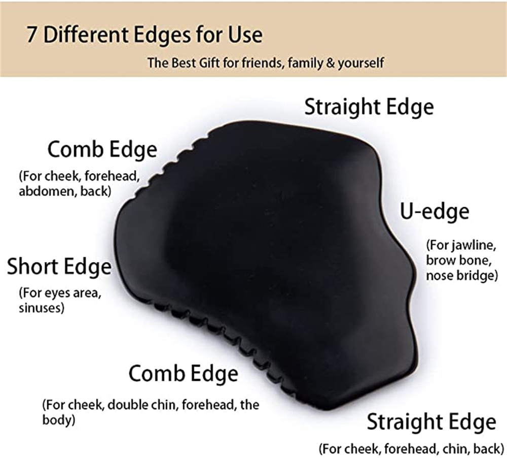 Gua Sha Facial Body Massage Tools Bian Stone Guasha 7-Edge Scraping Tool for Face, Neck, Arms and Whole Body Black