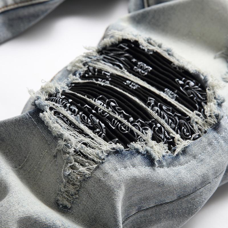 Men's Jeans Men Paisley Bandana Print Patch Streetwear Patchwork Holes Ripped Stretch Denim Pants Slim Straight Biker Trousersm