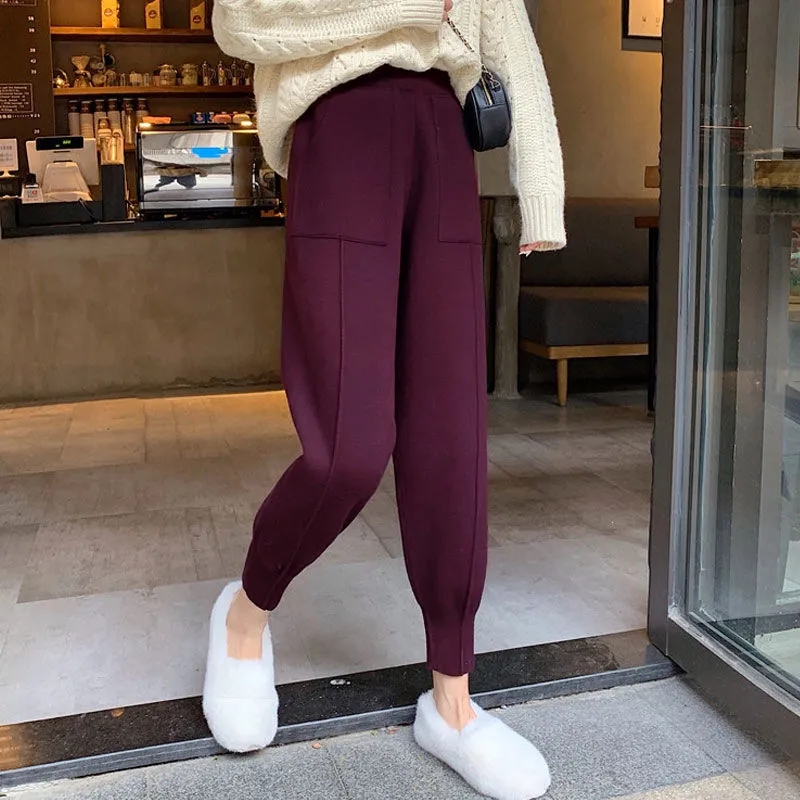 Women Autumn Winter Knitted Harem Pants Female Loose Solid Color Trousers Ladies High Waist Warm Granny Casual 220325