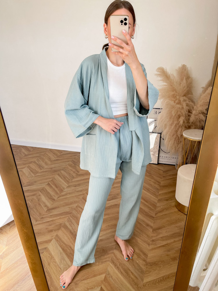 NHKDSASA Kimono Pajamas V-Neck Cotton Crepe Pijamas Women 2 Piece Set Double Layer Gauze Sleepwear Sleep Tops Men Homewear Mujer 220329