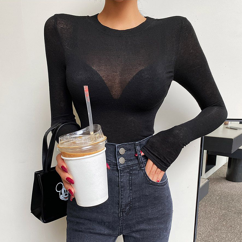 Basic Cotton Summer T Shirt Women Long Sleeves Tee High Elasticity Breathable Sexy Thin T-shirt see through Female Top 220328