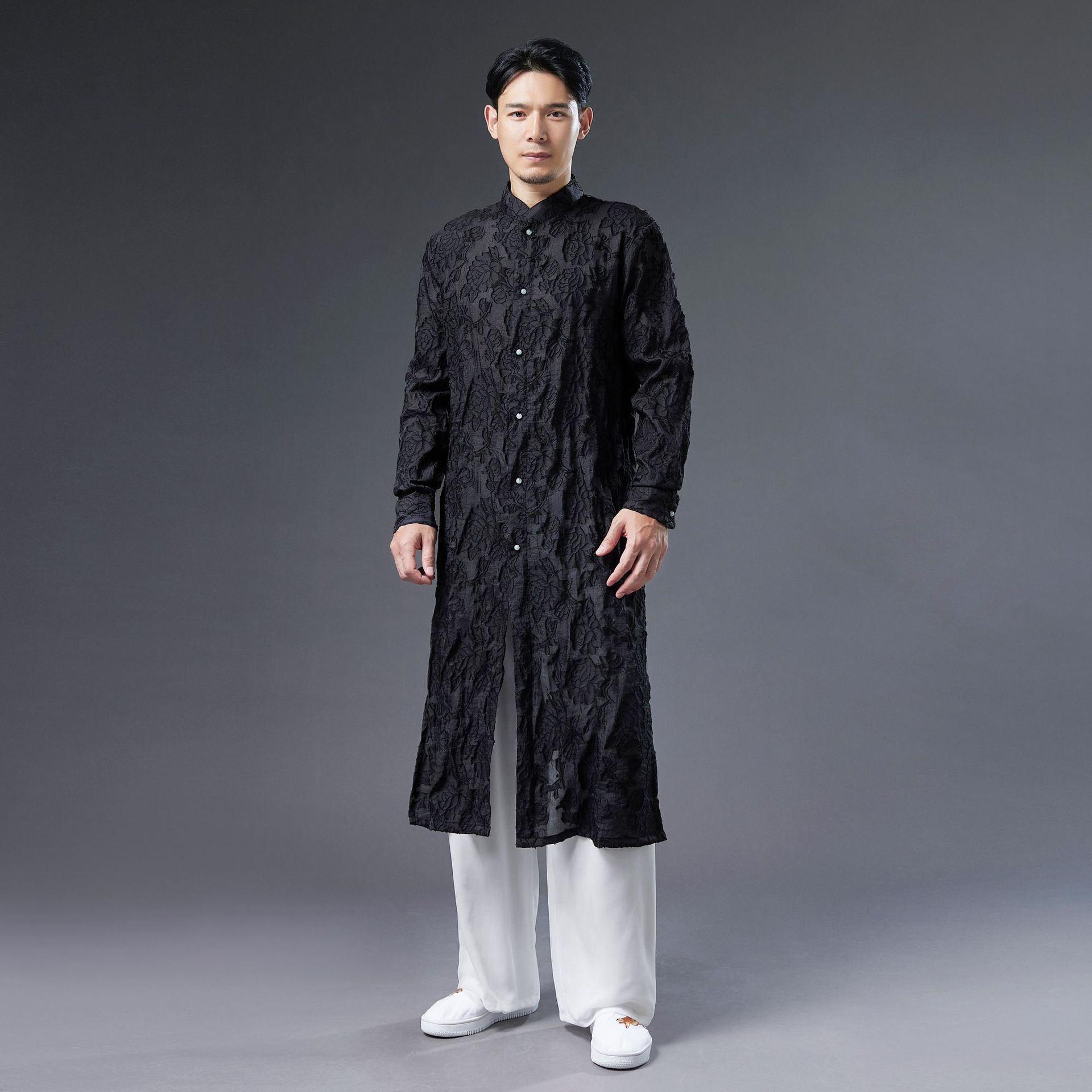 Party performance singer men's stage wear Cotton silk robe Chinese traditional clothing male cheongsam long sleeve Chinese tang suit for men