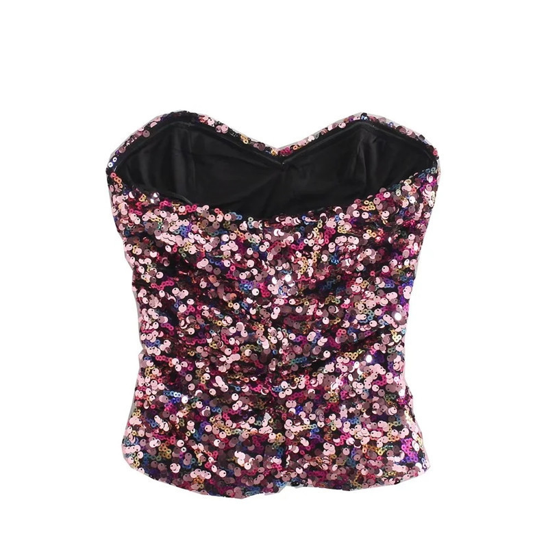 TRAF Cropped Sequin Top Woman Strapless Backless Tube Sexy Sleeveless Y2K Off Shoulder Corset Crop 220316