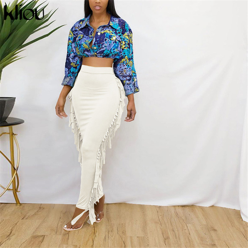 Kliou Side Tassel Women Skirt Elegant Unique Robe Straight Skinny Hight Waist Stretchy Streetwear Style Female Clothes 220317