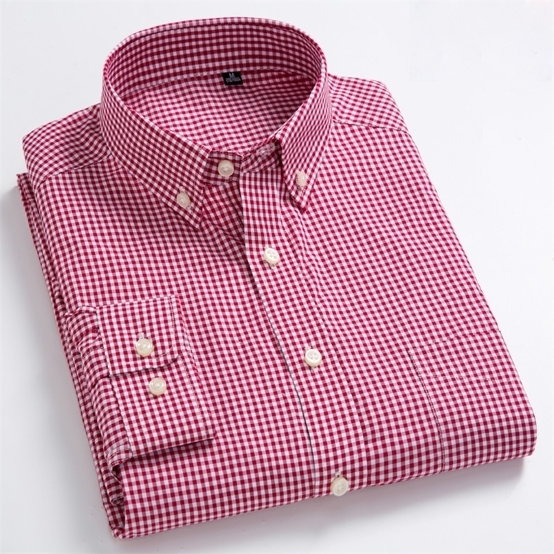 Men's Standard-Fit Long-Sleeve Micro-Check Shirts Patch Pocket Thin Soft 100% Cotton White/red Lines Checked Plaid Casual Shirt 220322