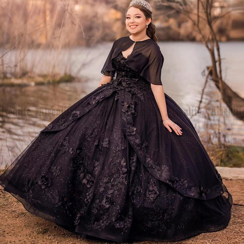 Girls Vestidos De 15 Años Black Quinceanera Dresses With Wrap Appliques Lace Prom Brithday Wear Custom