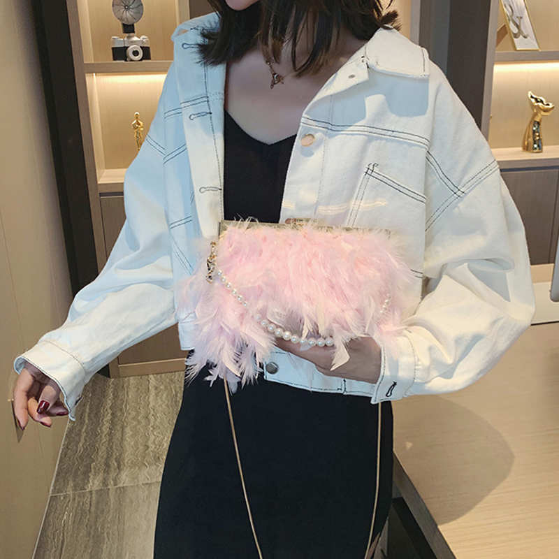 Free Shipping White Feather Handbag Womens Evening Clutch Exquisite Pearl Chain Wedding Bridal Shoulder Bag Party Banquet Tote Designer Bag Luxury Bag