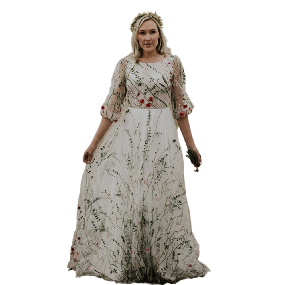 Pastrol Country A Line Wedding Dress Embroidery Floral Lace Beach Bridal Gowns Half Sleeve Sexy Backless Long Boho Bride Dresses 2022