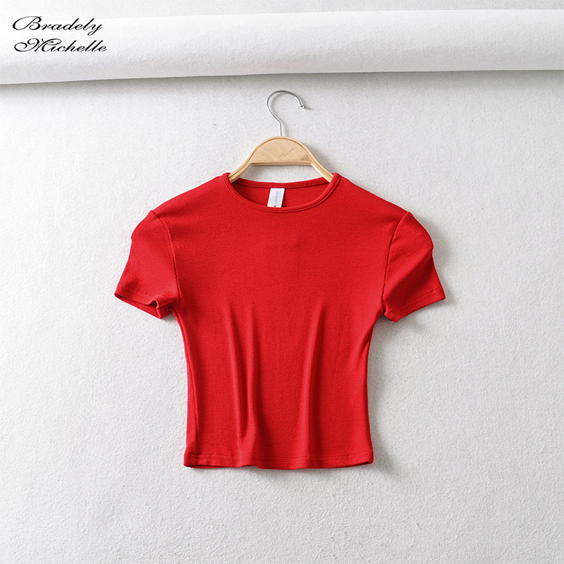 Bradely Michelle Fashion Casual Summer Woman Slim Fit t-shirt tight Cotton Short-Sleeve O-neck tee Crop Tops 220328