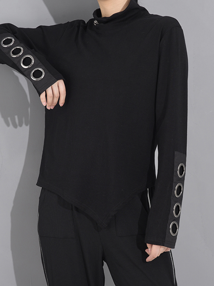 [EAM] Women Black Hollow Out Asymmetrical Split Joint T-shirt Stand Collar Long Sleeve Fashion Spring Autumn 1M87401 220328