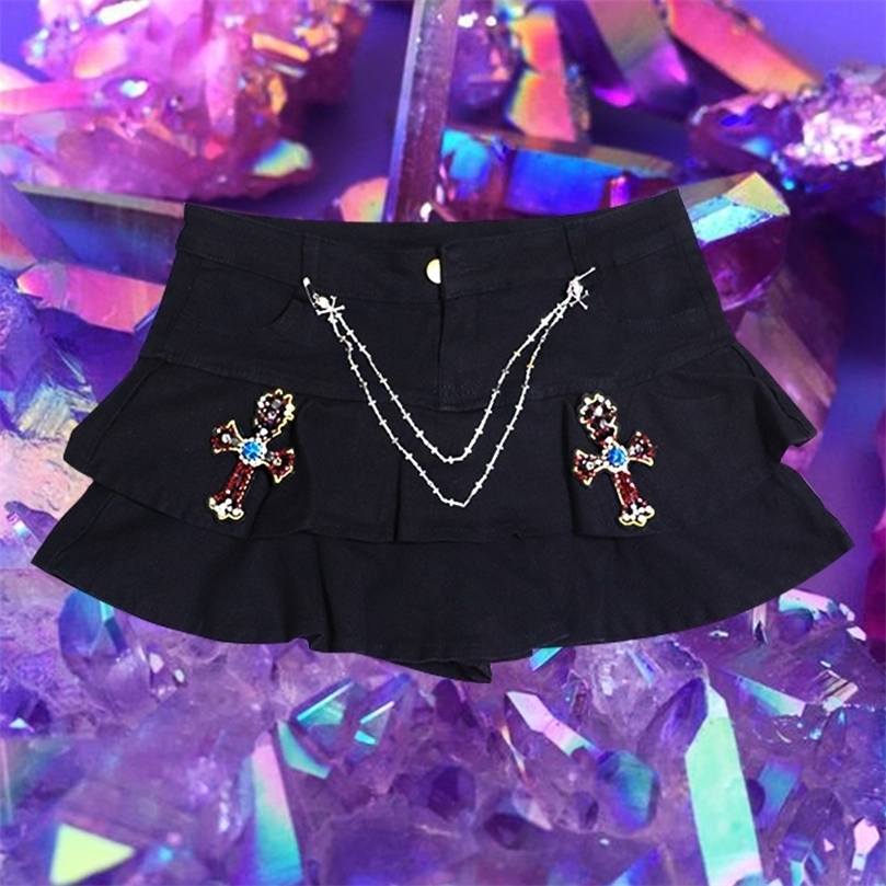 Cross Grunge Denim Mini Pleated Skirt Punk Harajuku Kawaii Emo Gothic Low Waist Jeans Skirts Y2k Indie 90s Dark Aesthetic 220317