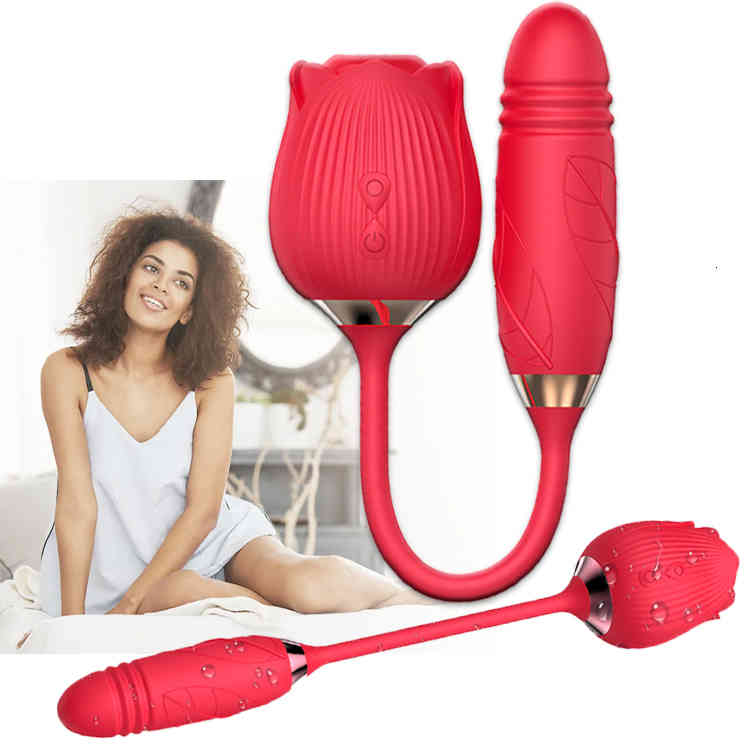 Massager Sucking 2.0 Rose Petal Shaped Silicone Dildo Licking Suction Tongue Up and Down Adult Sex Toy 2 in 1 Vibrator