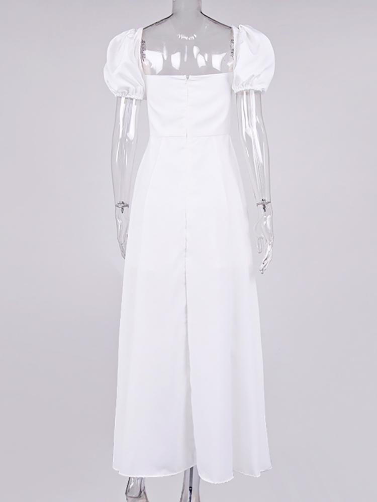 Asia Puff Sleeve White Dress Off Shoulder Cut out Tie up Side Split Ruched Long Dress robe femme Summer Dress for Women 220511