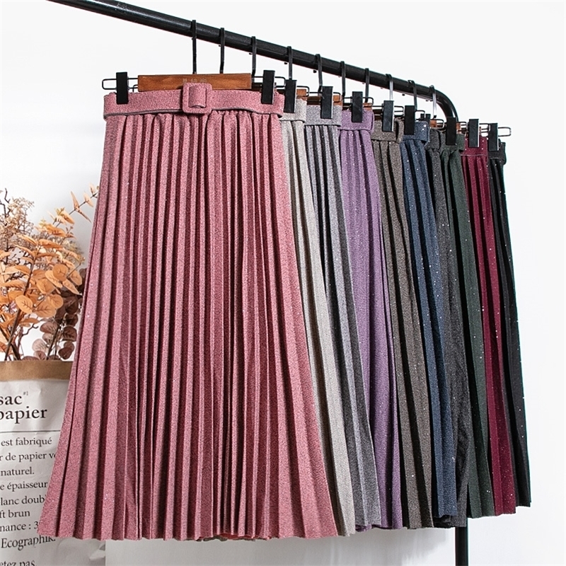 Women shiny skirt Women fashion retro Style High Waist pleated Skirt Autumn Winter office lady Thick warm skirts 210306