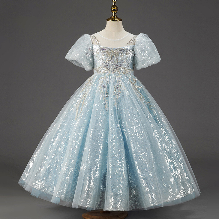 2023 Cute Light Sky Blue Girls Pageant Dresses Princess Tulle Lace sequined Pearls Kids Flower Girl Dress Ball Gown Birthday Gowns Floor Length Hand M