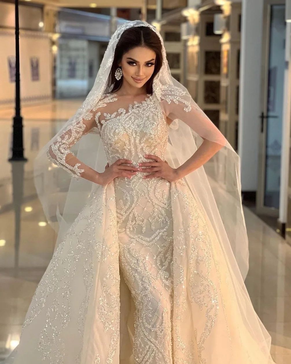 Modern Mermaid Wedding Dress Sequins Lace Applique Long Sleeve Bridal Gowns Custom Dubai Bride Dresses