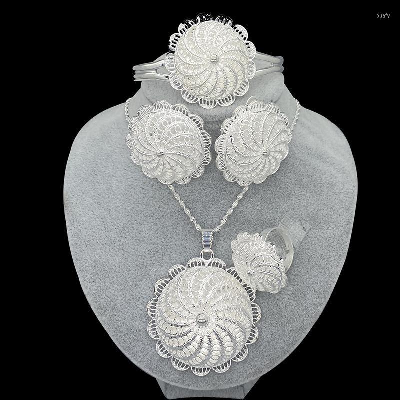 Earrings & Necklace Silver Color Flower Ethiopian Jewelry Set Dubai Pendant Earring Ring Hairpin Bangle Eritrean Africa Bridal Wedding GiftE, As pic
Earrings & Necklace Silver Color Flower Ethiopian Jewelry Set Dubai Pendant Earring Ring Hairpin Bangle Eritrean Africa Bridal Wedding GiftE, As pic