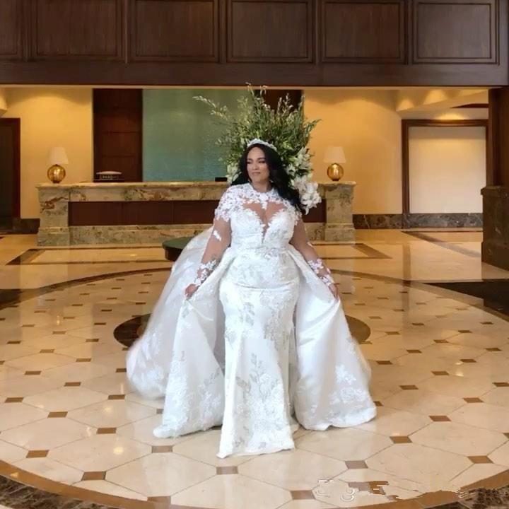 Plus Size Mermaid Wedding Dresses with Detachable Train Long Sleeve Lace Floral Arabic Stain Trumpet Bridal Gown robe de mariée
