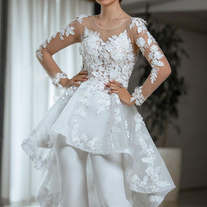 Modest Floral Appliques Sheath Wedding Dresses Front Short Back Long Pants Bridal Gown Button Back Beach robe de mariage