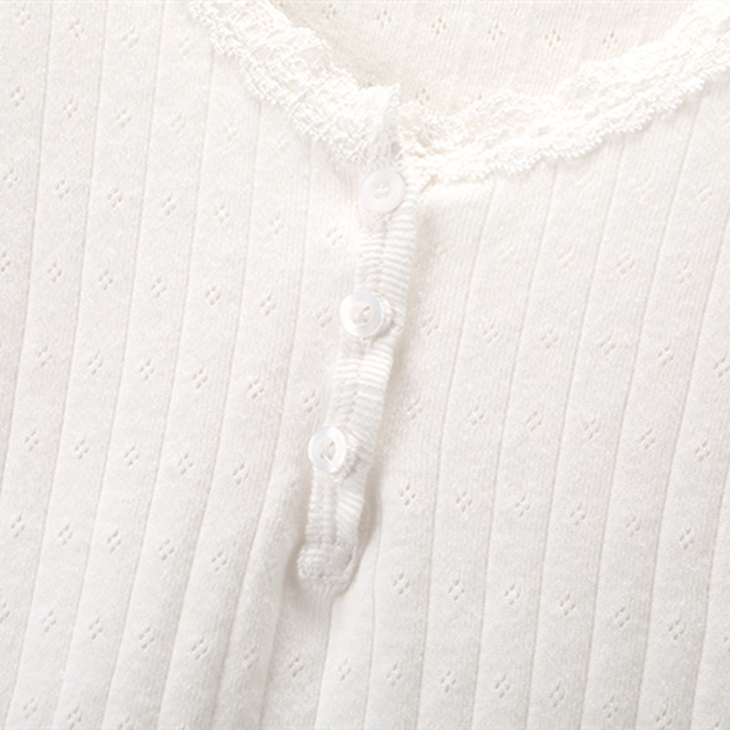 PUWD Y2K Cute Girl Cotton Hollow Out Lace T-Shirt Fashion Ladies Slim Short Sleeve Button Tops Women Summer O Neck Tees 220411