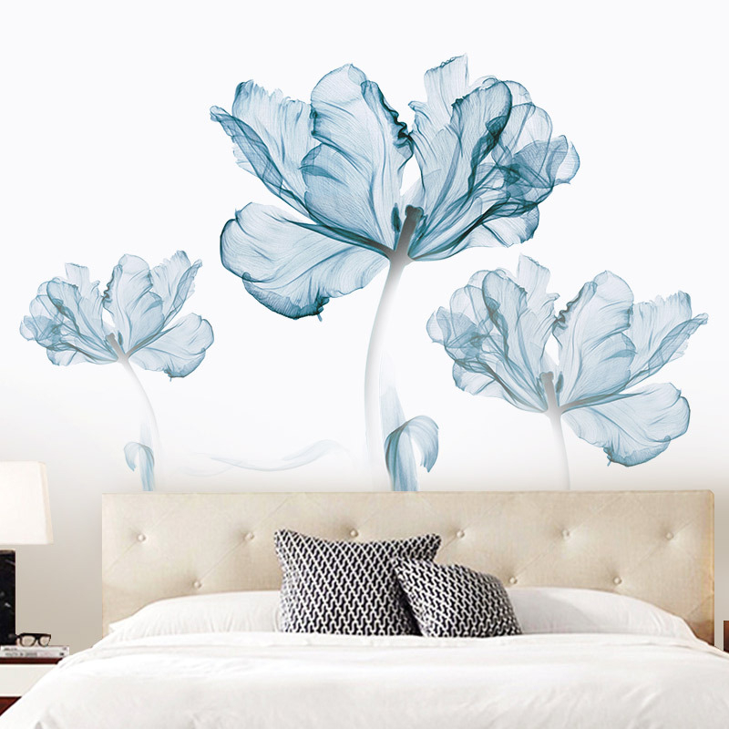 Large Nordic Art Blue Flowers Living Room Decoration Vinyl Wall Stickers DIY Home Decor Modern Bedroom Wall Posters