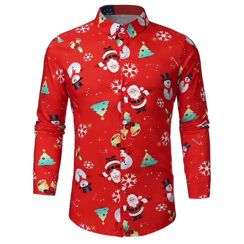 Christmas Deer Printed Blouse Mens Shirt Top Standing Collar Long-Sleeved Autumn Clothing For Man Ropa Hombre 220322