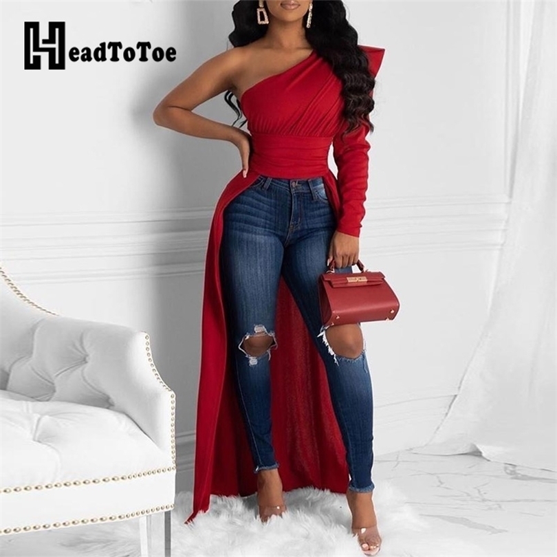 Solid One Shoulder Dip Hem Blouse Women Long Sleeve Skew Collar Asymmetrical Casual Blouses Tops