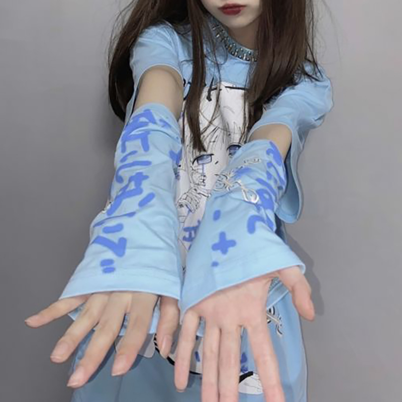 Y2k Anime Graphic T Shirts Goth Camisetas De Mujer with Split Sleeves Fashion T-shirt Women MINGLIUSILI Harajuku Top Femme 220321