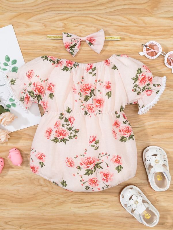 Baby girl printed bowknot jumpsuit and headband SHE