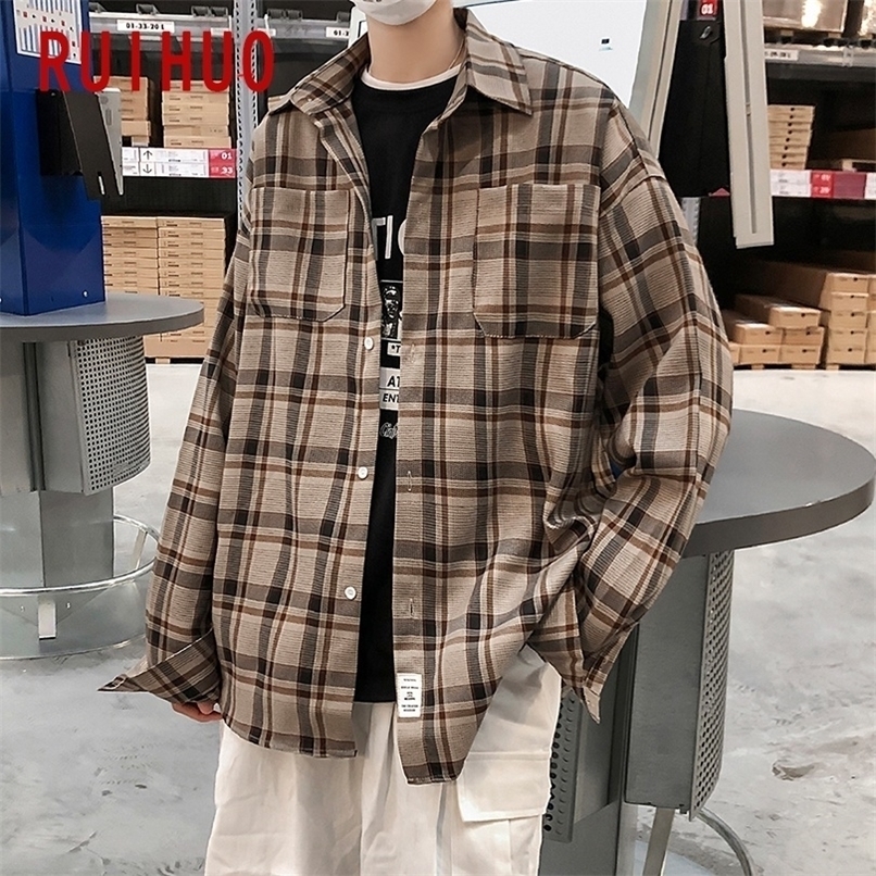 RUIHUO Plaid Men Shirts For Clothing Korean Style Long Sleeve Clothes 5XL Spring 220322