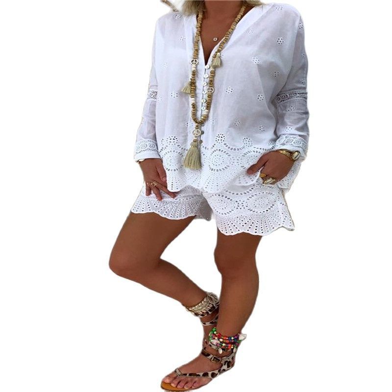 Summer White Two Piece Women Casual s Long Sleeve Elegant Drawstring VNeck Plus Size Shorts Mujer Set 220611