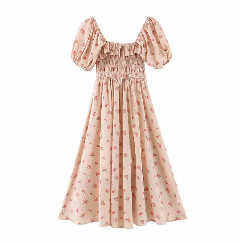 Women French Style Lacing up Ruffles Square Collar Floral Long Swing Dress Pink Backless Half Sleeve Dresses Vestido 220511