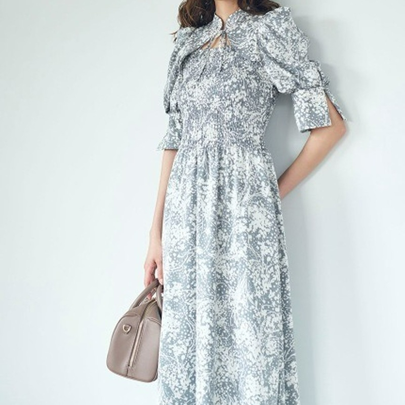 Kuzuwata Stand Collar Lace Up Hollow Out Half Flare Sleeve Vestidos Elasticity Empire Printed Slim Dress Japanese Gentle Robes 220527
