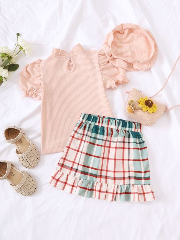 Toddler Girls Puff Sleeve Frilled Neck Tee & Plaid Ruffle Trim Skirt & Hat SHE