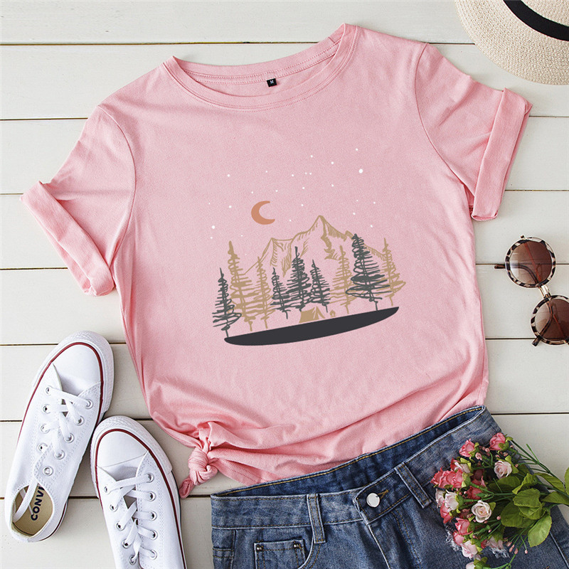 Summer Casual Tees Mountain Print T-shirt Women CrewNeck Short Sleeves Tshirt BasicTops Female Graphic Cotton Shirt Clothing 220328