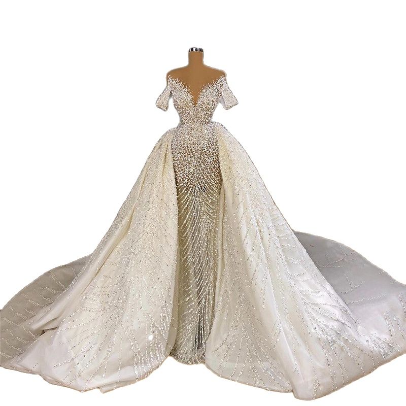 Elegant Mermaid Wedding Dress Off Shoulder Strapless Deep V Neck Appliques Lace Detachabel Train Illusion Custom Made Bridal Dresses Floor Length Robe