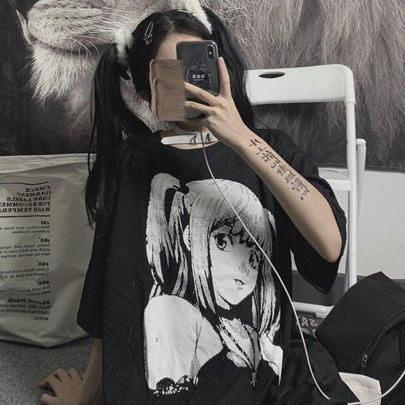 QWEEK Manga Anime Print T-shirts for Women Japanese Style Black Oversized Graphic T-shirt Mall Goth Tops Dark Academia 220321