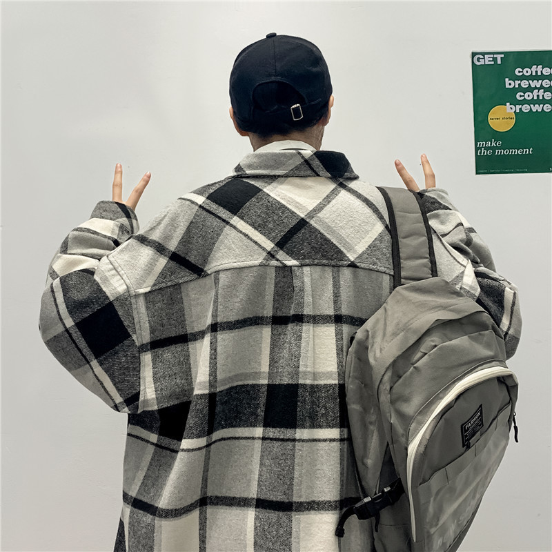Men Flannel Plaid Thick Shirt Harajuku Color Block Coats Korean Fashion Streetwear Male Vintage Loose Shirts Long Sleeve 220322