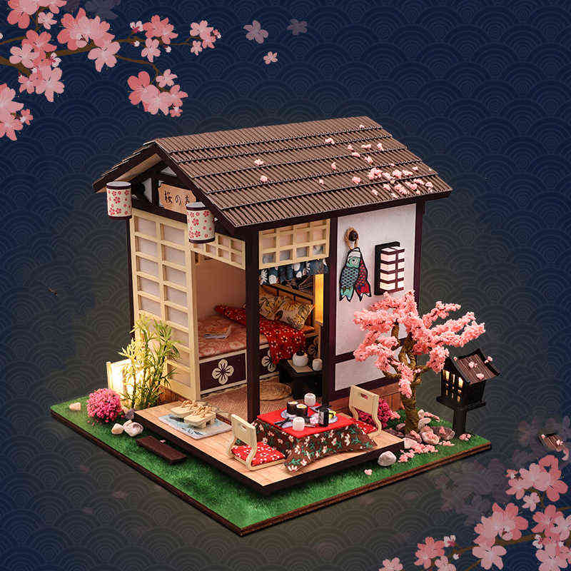DIY Wooden Casa Japanese Dollhouse Kit Assembled Miniature Furniture Light Doll House with Cherry Blossoms Toys for Adult Gifts AA220325