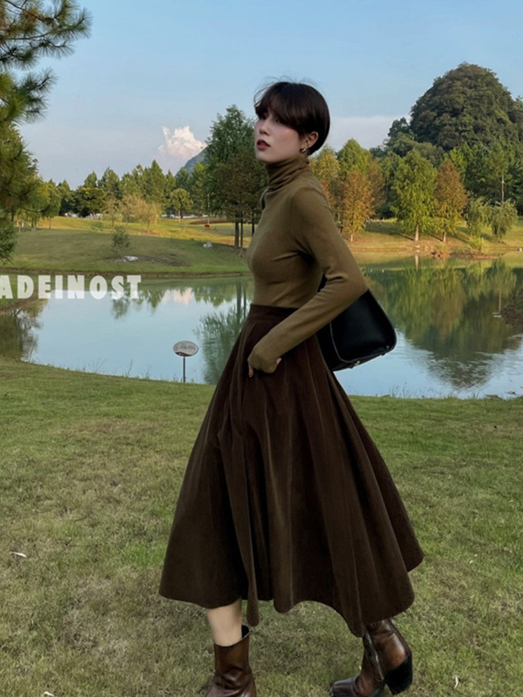 TIGENA Vintage Velvet Midi Long Skirt Women Fall Winter Elegant All-match Solid A Line High Waist Mid-length Female 220317