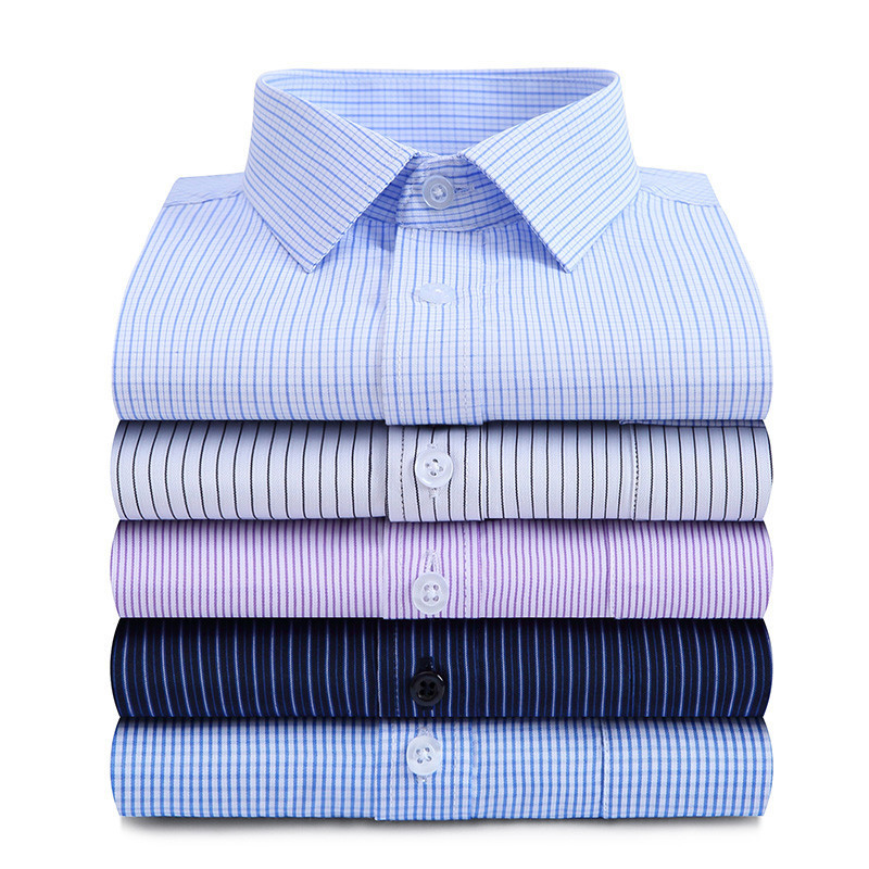 Anti-Wrinkle Men Work Shirts Regular Fit Long Sleeve Casual Dress Checkered Shirt Mens Purple Striped Clothing With Front Pocket 220322