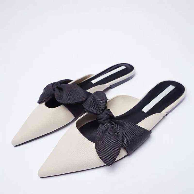 Sandals Shoes For Women Flat Pointed-Toe Low Heels Slippers Half-Drag Beige bow Temperament Muller Woman 220412