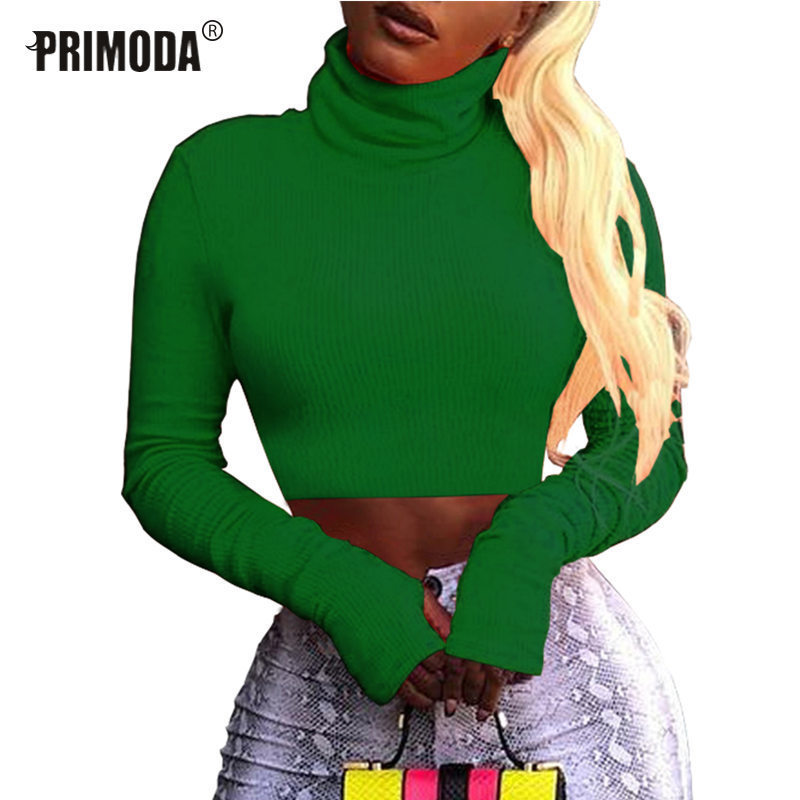 Knit Neon Orange Turtleneck Streetwear Crop Top Women Sexy Club Tops Long Sleeve Female Lime Short TShirts Fashion PR325M 220328