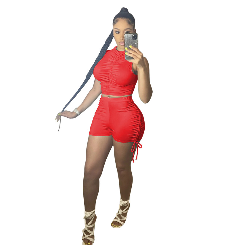 New Wholesale Women Summer Tracksuits Solid Outfits Sleeveless Shirring T Shirt Bandage Shorts Two Piece Set Casual Sports Suits Fitness clothes Bulk 