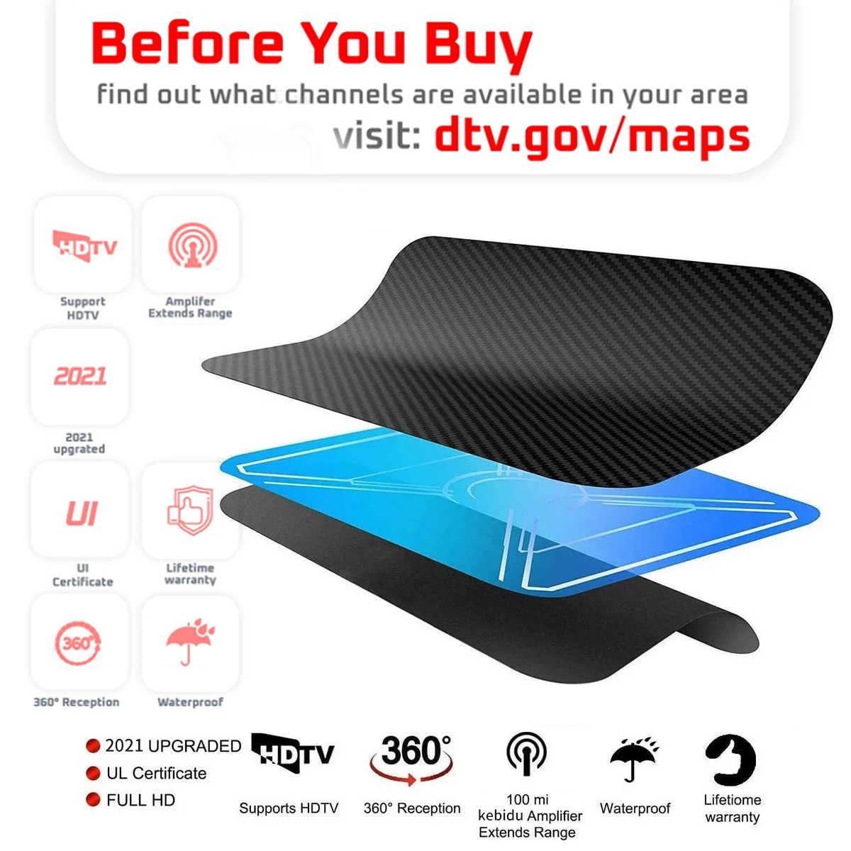 TV Stick 980 Mile Range Antenna 4K Digital HDTV Indoor TV Antennas Amplifier Signal Booster Active HD DVBT2 Radius Surf