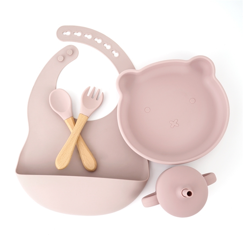 born Weaning Children's Tableware Waterproof Bib Feeidng Plates For Food Sucker Dishes Spoon Fork And Sippy Cup Baby Stuff 220512