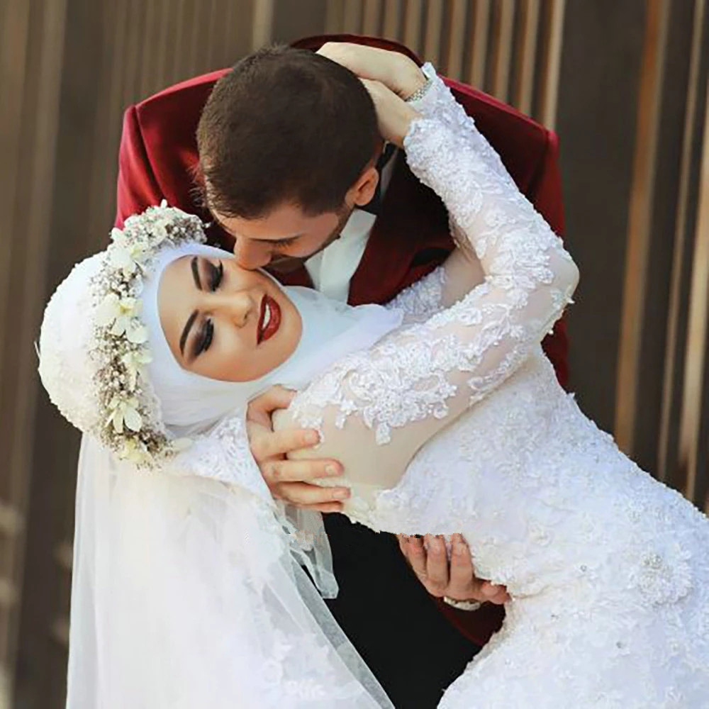 Muslim High Neck Long Sleeve Dubai Arabic Mermaid Wedding Dress Elegant Appliques Lace Saudi Bridal Gown Vestido De Noiva