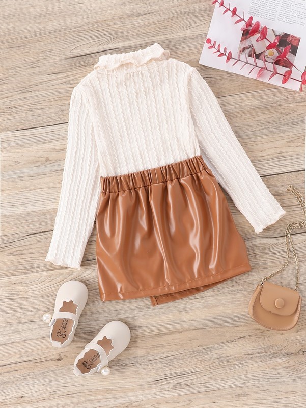 Toddler Girls High Neck Lettuce Trim Tee & PU Skirt SHE