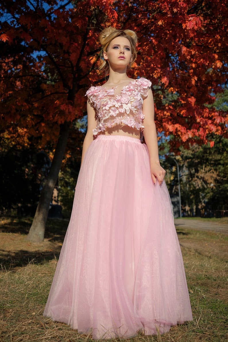 2024 Two Pieces Pink 3D Floral Appliques Prom Dresses Illusion Top Scoop Neck Long Tulle Skirt Girls Birthday Special Occasion Party Evening Gowns
